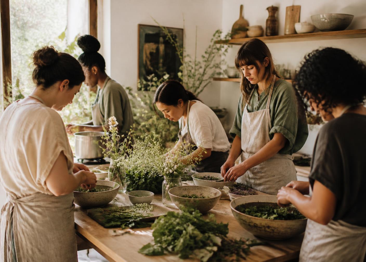 Women preparing food together at a long wooden table