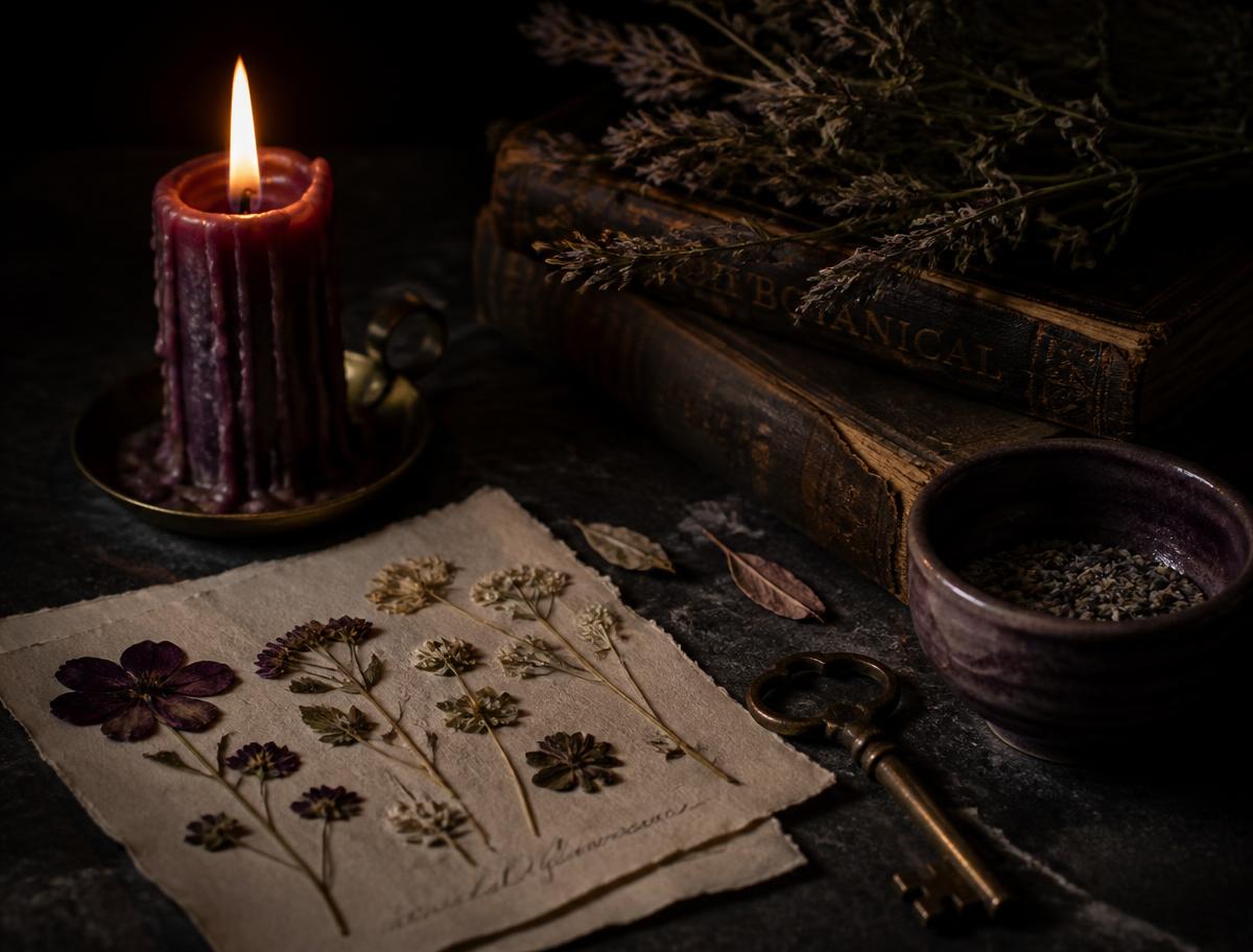 Candlelight beside pressed wildflowers and dried herbs