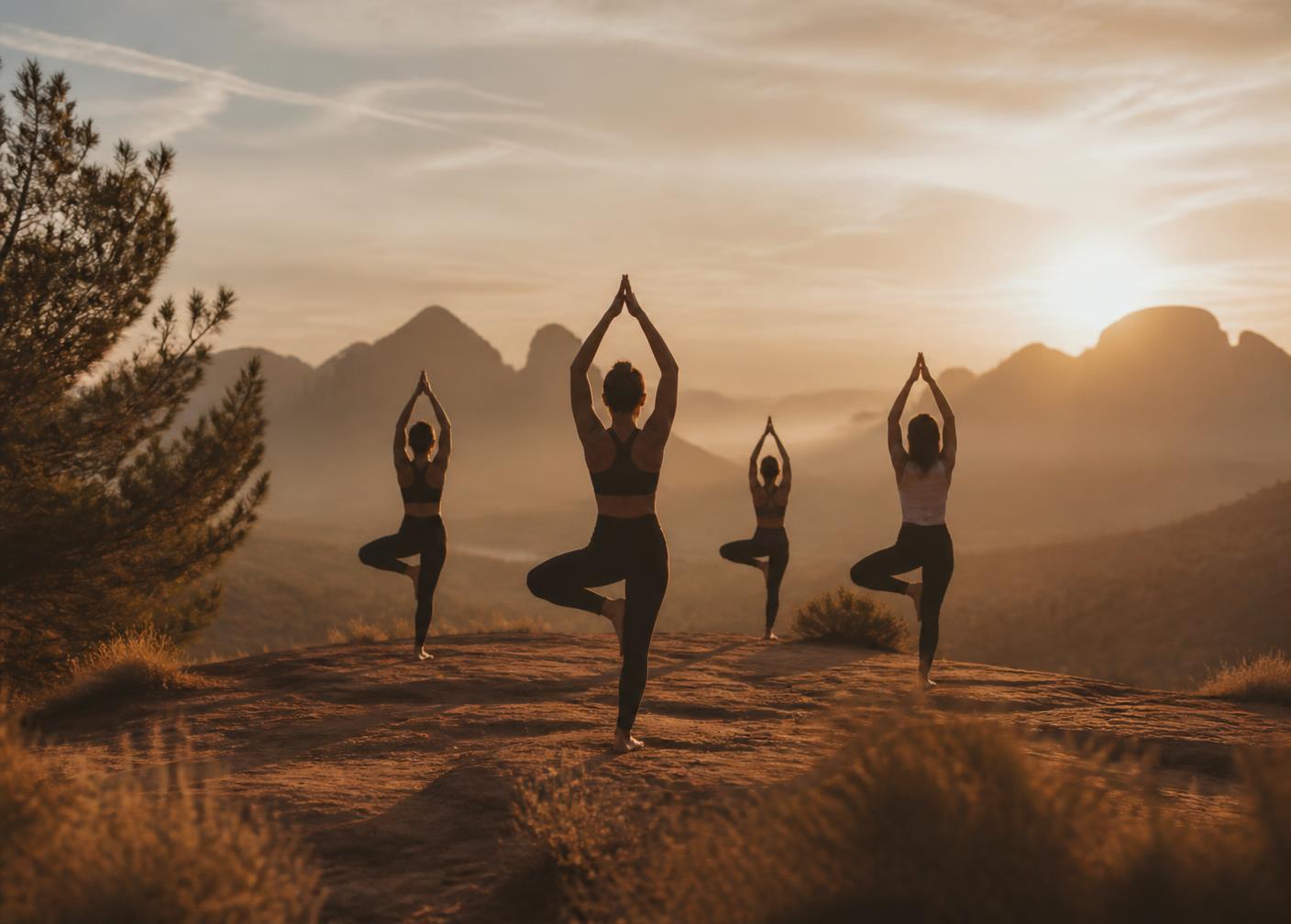 Women practicing yoga on a mesa at sunrise